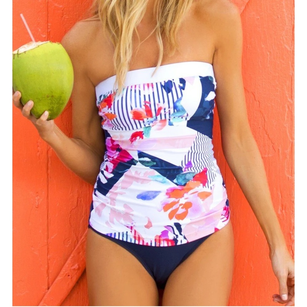 Hapari Floral Strapless Swimsuit - Navy and Pink
